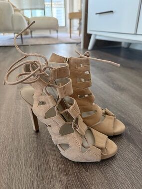 Shoemint Beige Lace-Up Suede High Heel Sandals